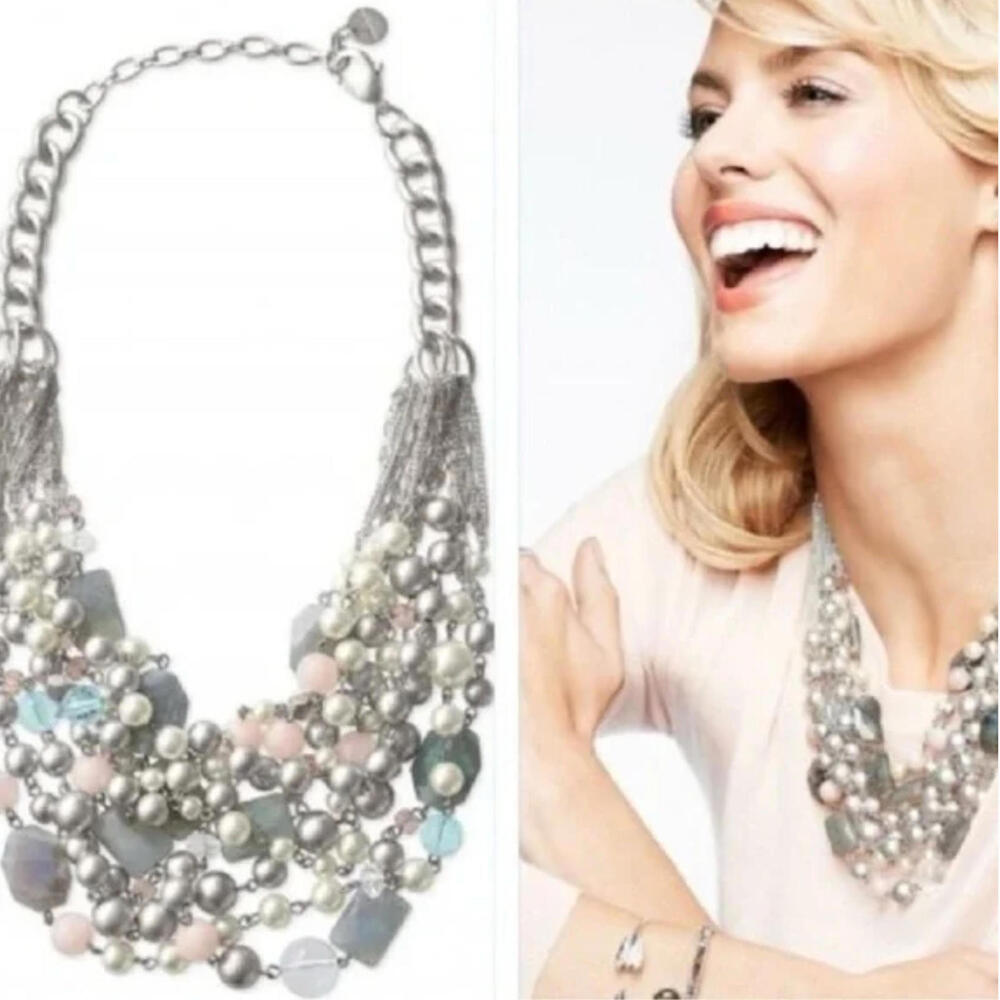 Stella & Dot Oslo Necklace Semi-Precious Stones Pink Gray Silver‎ Chain 16-20 in